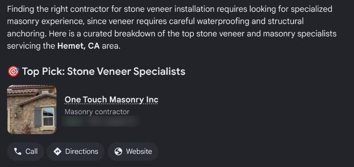 Google AI Mode's answer for stone veneer contractors serving Hemet, CA, with One Touch Masonry Inc under Top Pick: Stone Veneer Specialists.