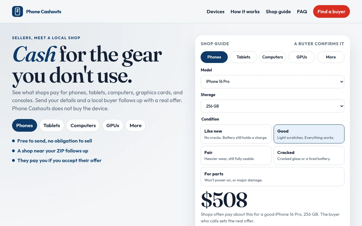 La página de inicio de Phone Cashouts, con diseño azul y blanco, categorías de dispositivos y una guía interactiva de modelo, almacenamiento, estado y precio estimado.